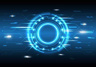 Dijital bilgi çerçevesi. Soyut hologram yüksek teknoloji geçmişi. Sanal gerçeklik teknolojisi elektrikli yenilik. Devre kartı arayüzü. Fütürist bilimkurgu ışıldayan HUD çemberi. Web grafiği