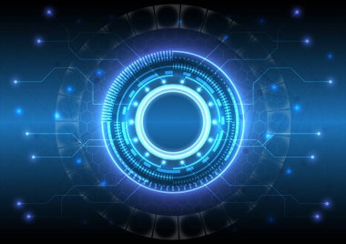 Gelecekçi bilimkurgu ışıldayan HUD kullanıcısı. Dijital bilgi çerçevesi. Soyut hologram yüksek teknoloji geçmişi. Elektriğin sanal gerçeklik teknolojisi bağlantısı. Veri bağlantısının çember arayüzü