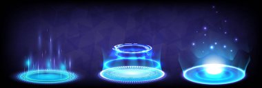 Parlak HUD 'daki bilim kurgu dijital yüksek teknoloji koleksiyonu. Fütüristik bilimin hologram portalı. Oyun fantazisinde sihirli warp kapısı. Soyut teknoloji. Işınlanma podyumunu çember yapın. GUI, UI sanal gerçeklik kullanıcıları