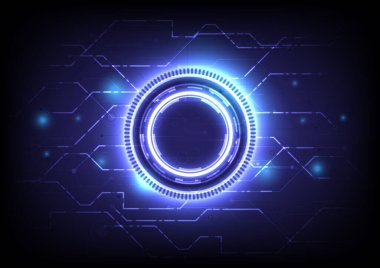 Dijital bilgi grafiği. Soyut hologram yüksek teknoloji geçmişi. Sanal gerçeklik teknolojisi elektrikli yenilik. Devre kartı arayüzü. Fütürist bilimkurgu parlayan HUD çemberi ve yıldızlar. Veri bağlantısı