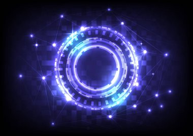 Dijital bilgi grafiği. Soyut hologram yüksek teknoloji geçmişi. Sanal gerçeklik teknolojisi elektrikli yenilik. Devre kartı arayüzü. Fütürist bilimkurgu parlayan HUD çemberi ve yıldızlar. Bilim verileri