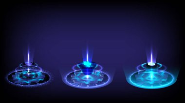 Parlak HUD 'daki bilim kurgu dijital yüksek teknoloji koleksiyonu. Fütüristik bilimin hologram portalı. Oyun fantazisinde sihirli warp kapısı. Soyut teknoloji. Işınlanma platformu. GUI, UI sanal gerçeklik kullanıcıları