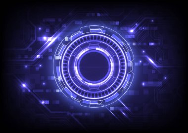 Gelecekçi bilimkurgu ışıldayan HUD kullanıcısı. Veri mühendisi parçacığı. Dijital bilgi çerçevesi. Soyut hologram yüksek teknoloji geçmişi. Sanal gerçeklik teknolojisi elektrikli