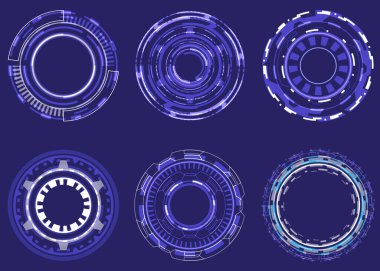 Futuristic Holographic circle of focus elements. Sci-fi round design. Military Collimator Sight. Collection of engineering HUD. Camera Viewfinder set clipart