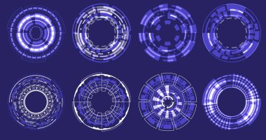 Odaklanma elementlerinin gelecekteki holografik çemberi. Bilim kurgu yuvarlak tasarımı. Askeri Madenci Görüşü. Tahsilat HUD devresi. Kamera görüntüleyici ayarlandı. Veri mühendisliğinin dijital hali