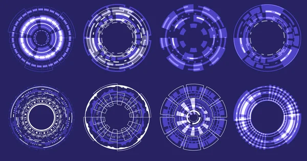Odaklanma elementlerinin gelecekteki holografik çemberi. Bilim kurgu yuvarlak tasarımı. Askeri Madenci Görüşü. Tahsilat HUD devresi. Kamera görüntüleyici ayarlandı. Veri mühendisliğinin dijital hali