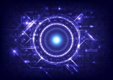 Geleceğin HUD elemanı, veri mühendisi ve devre kartı. Soyut yüksek teknoloji parçacık arkaplanı. Hologram ve baş ekran arayüzü. Sanal gerçeklik teknolojisi yeniliği