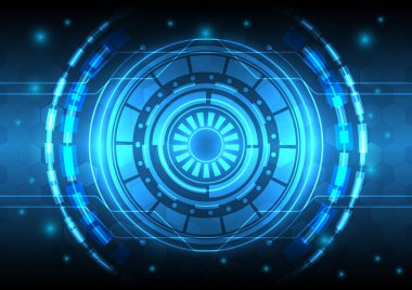 Bilgi işlem bilgisayar mühendisliği. Fütürist bilimkurgu parlayan HUD elementi. Soyut yüksek teknoloji parçacık arkaplanı. Hologram ve baş ekran arayüzü. Sanal gerçeklik teknolojisi bağlantısı