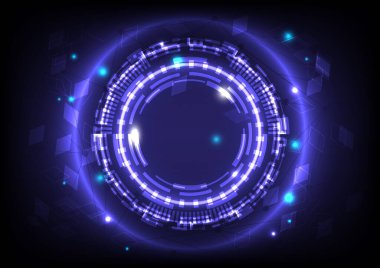 Fütürist bilimkurgu parlayan HUD elementleri ve parçacık mühendisliği. Soyut yüksek teknoloji parçacık arkaplanı. Dairesel verinin 3D bilgisayarı. Sanal gerçeklik teknolojisi bağlantısı
