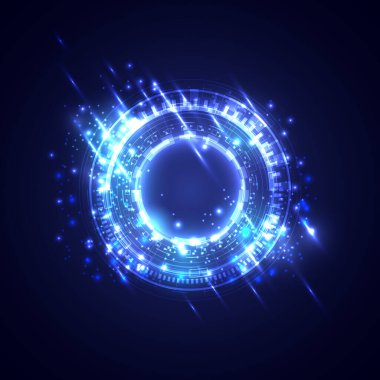 Dijital bilgi parçacığı. Fütürist bilimkurgu, parlak HUD çerçeve. Veri mühendisliği. Soyut hologram yüksek teknoloji geçmişi. Sanal gerçeklik holografik ışıltı ve neon etkisi