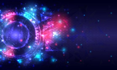 Fütürist bilimkurgu parlayan HUD daire elementi. Soyut yüksek teknoloji geçmişi. Baş ekran arayüzünün hologram çokgen parçacığı. Bilgisayar mühendisinin sanal gerçeklik teknolojisi