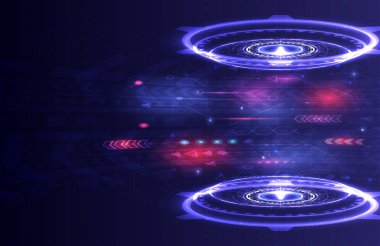 Geçit ve hologram bilimi fütüristik. Parlayan HUD projektöründe bilim kurgu dijital yüksek teknoloji. Teleport podyumunu ve muhabirler için sahneyi çember yapın. GUI ve UI sanal gerçekliği. Yer tutucu ve boşluk