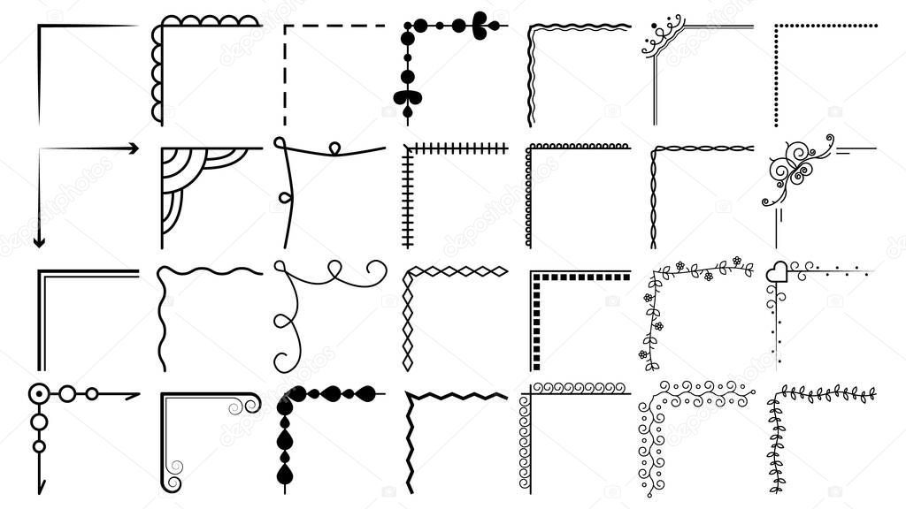 Set Hand Draw Of Corners Different Shapes Flower Decoration Vector Design Doodle Sketch Style For Wedding And Banner