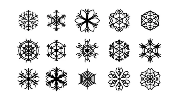 Set Negro Colleciton Line Copo Nieve Doodle Invierno Decoración Elementos — Vector de stock