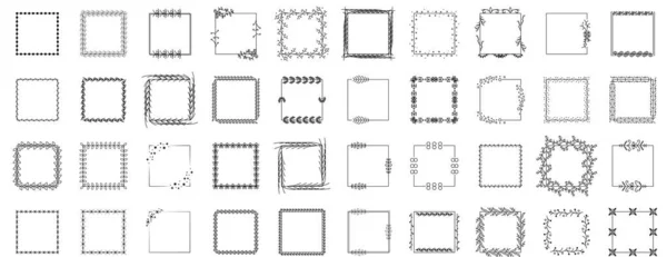 Set Svart Enkel Linje Ram Collection Doodle Square Blommig Ram — Stock vektor