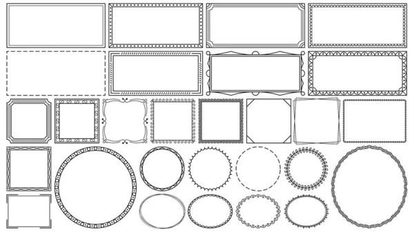 Set Black Simple Line Frame Collection Doodle Square Florale Elemente — Stockvektor