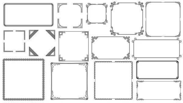 Set Black Simple Line Frame Collection Doodle Square Floral Frame —  Vetores de Stock