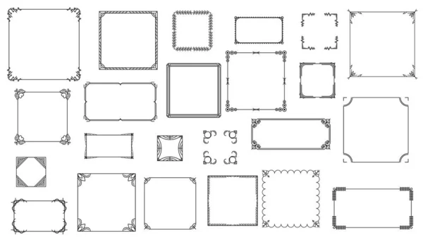 Set Schwarze Einfache Linie Frame Collection Doodle Square Floral Frame — Stockvektor