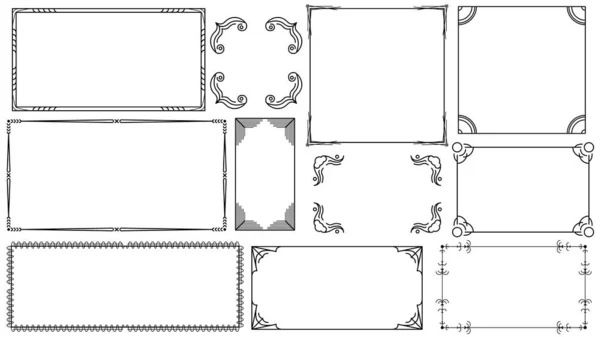Set Black Simple Line Frame Collection Doodle Square Floral Frame — Stockvector