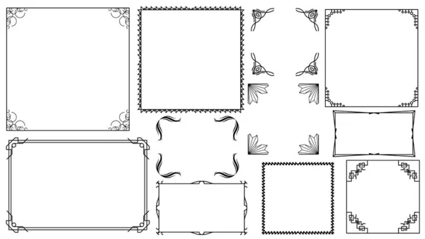 Set Black Simple Line Frame Collection Doodle Square Цветочная Рамка — стоковый вектор