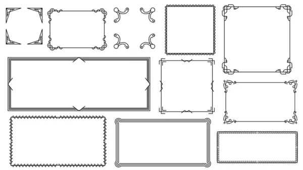 Set Black Simple Line Frame Collection Doodle Square Floral Frame —  Vetores de Stock