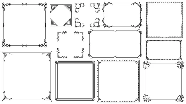 Set Black Simple Line Frame Collection Doodle Square Floral Frame — Vetor de Stock