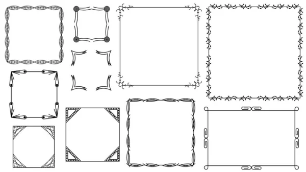 Set Black Simple Line Frame Collection Doodle Square Floral Frame —  Vetores de Stock