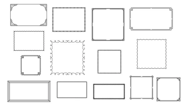 Set Black Simple Line Frame Collection Doodle Square Virágos Keretek — Stock Vector