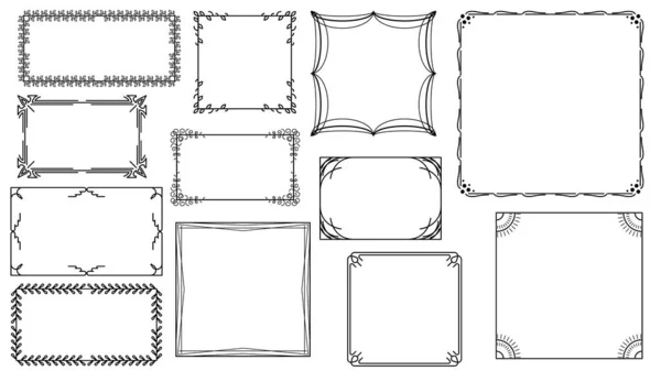 Set Black Simple Line Frame Collection Doodle Square Floral Frame — Vetor de Stock