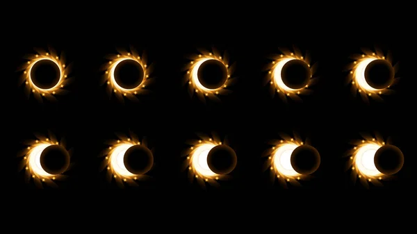 Set Sammlung Phasen Einer Sonnen Und Mondfinsternis Auf Dunklem Hintergrund — Stockvektor