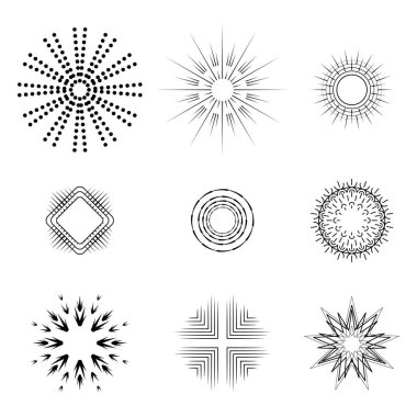 Soyut Koleksiyonu Ayarla Yıldız patlaması Günbatımı Kara Hat Doodle Tasarım Elementleri Güneş Işığı Parıltısı Vektör Tasarım Biçimi