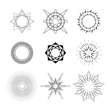 Soyut Koleksiyonu Ayarla Yıldız patlaması Günbatımı Kara Hat Doodle Tasarım Elementleri Güneş Işığı Parıltısı Vektör Tasarım Biçimi