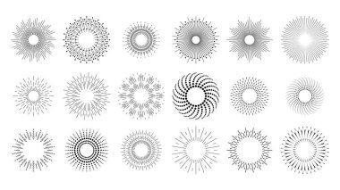 Soyut Koleksiyonu Ayarla Yıldız patlaması Günbatımı Kara Hat Doodle Tasarım Elementleri Güneş Işığı Parıltısı Vektör Tasarım Biçimi