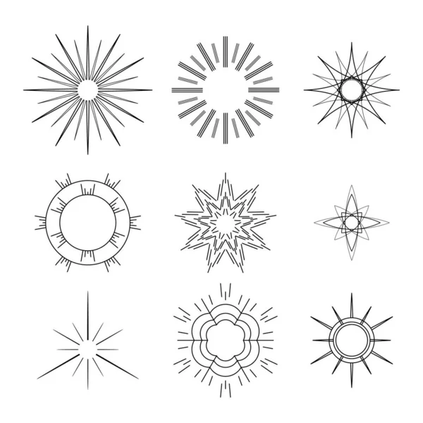 Σύνολο Αφηρημένη Συλλογή Starburst Sunburst Sunburst Sunset Black Line Doodle — Διανυσματικό Αρχείο