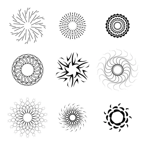 Абстрактная Коллекция Starburst Sunburst Sunset Black Line Doodle Design Elements — стоковый вектор