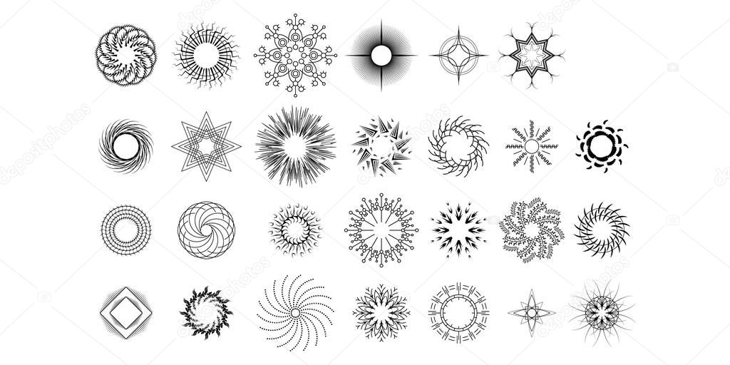 Set Abstract Collection Starburst Sunburst Sunset Black Line Doodle Design Elements Bursting Rays Sunrise Light Radiant Spark Vector Design Style