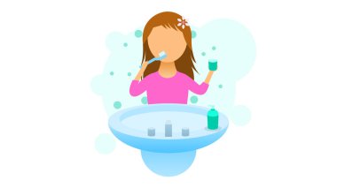 Diş fırçası ve cam karikatür karakteri olan soyut Düz Kadın İllüstrasyon Vektör Tasarım Stili Yaratıcı Lavabo Fırçası Diş Temizliği ve Diş İşlemleri