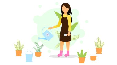 Sulama Tenekesi Olan Soyut Düz Kadın İnsan Karakteri İllüstrasyon Vektör Tasarım Tasarımı Yaratıcı Bahçeler Tarım Bahçeleri Tarım ve Bahçe Bitkileri