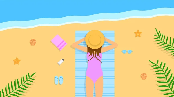 概要フラット女性は 帽子スリッパタオル漫画の人々のキャラクターコンセプトイラストベクトルデザインスタイルの水リラックス休暇砂の枝パームビーチで日光浴 — ストックベクタ