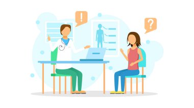 Doktor 'un Randevusu' ndaki Soyut Düz Kadın Çizgi Roman Karakteri İllüstrasyon Vektör Tasarım Stili Sağlık Bakım Kliniği Görme Testi Oftalmolojisi