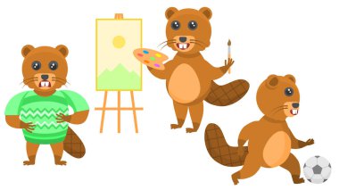 Soyut Koleksiyon Düz Çizgi Filmini Süveter Giyen ve Vektör Tasarım Tarzı Vahşi Yaşam Elemanlarını Altüst Eden Farklı Hayvan Kunduz Sanatçısı ile Ayarla