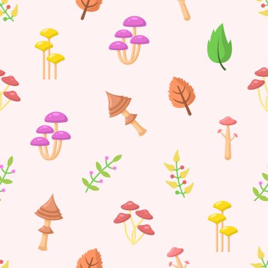 Kusursuz Desensiz Desensiz Mantar Mantarları Yaprak Ormanı Vektör Tasarım Stili Tasarım Tekstil Tekstil, Giysi, Hediye Paketi, Duvar Kağıdı, Pastel