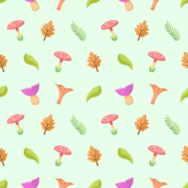 シームレスなパターン要素キノコの葉の森ベクトルデザインスタイル背景イラストテクスチャプリント用テキスタイル ギフトラップ パステル — ストックベクタ