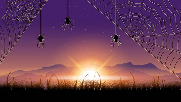 Spider Web Fondo Oscuro Con Luna Halloween Elementos Diseño Espeluznante — Vector de stock