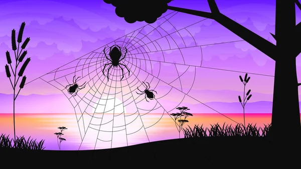 Spider Web Mörk Bakgrund Med Månen Vatten Halloween Design Element — Stock vektor