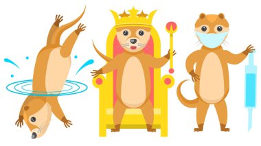 Soyut Koleksiyon Düz Çizgi Filmi Farklı Hayvan Su samurları Suya Dalıyor, Kral Tahta Oturuyor, Maskeli Doktor Şırınga Vektörü Tasarım Tarzı Hayvanat Bahçesi