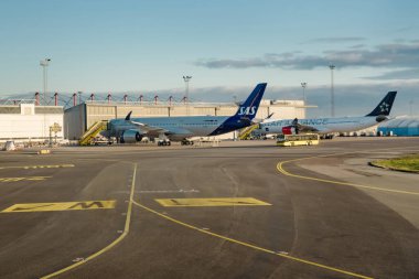 Kopenhag, Danimarka - 27 Şubat 2020. Ryanair 'in bir Boeing 737' si Kopenhag Kastrup havaalanına iniyor..