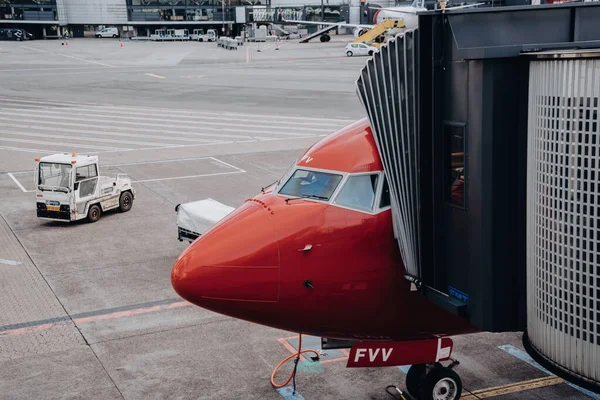 Kopenhag, Danimarka - 30 Ocak 2019. COVID-19 'dan önce Kopenhag Kastrup havaalanında yolcu alımı için bağlı bir Norveçli Boeing 737-800 (Anders Zorn ahırı).