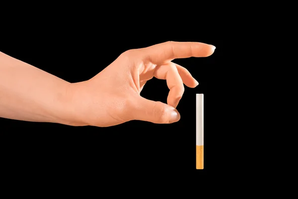 Žena se snaží přestat kouřit tím že ho pryč od ní izolován na černém. — Stock fotografie