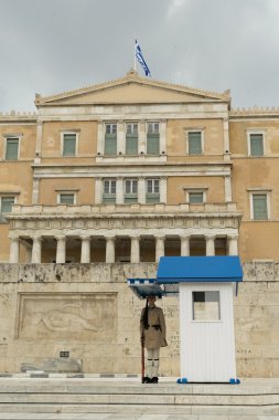 Athens, Greece, 30 May 2015. Evzone standing in position guarding the parliament of Greece.